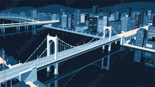 Long River Bridge in Metropolis City Illustrator Artwork Banner Background Design Template 