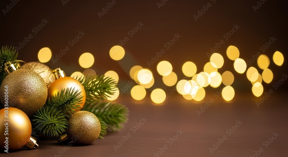 Fototapeta premium Shimmering golden ornaments and evergreen foliage create a warm and inviting atmosphere, enhanced by a bokeh of lights. 