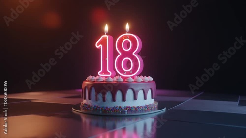 A vibrant 18th birthday cake with glowing candles stands on a reflective surface.
