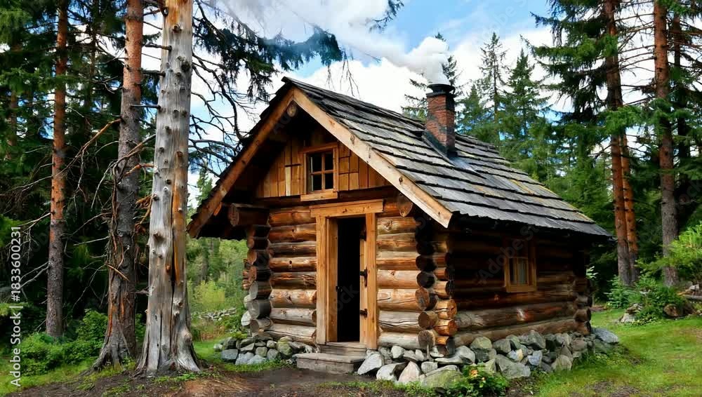 custom made wallpaper toronto digitalRustic Wooden Cabin Nestled in a Serene Forest Landscape.