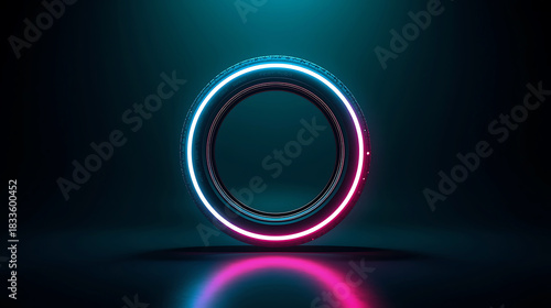 Futuristic glowing tire with neon lights enhancing its sleek design in a dark environment