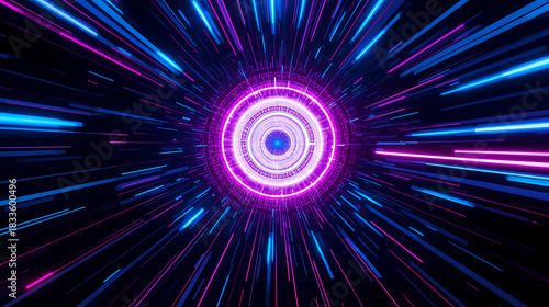Futuristic Abstract Neon Light Speed Travel with Purple and Blue Streaks in Hyperspace Tunnel