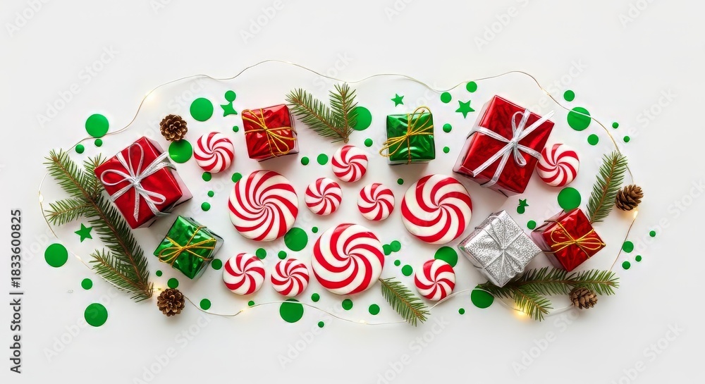 Obraz premium A festive arrangement of gifts, candy canes, and decorations evokes the spirit of Christmas. Capture the essence of the festive season with a delightful display of holiday cheer.