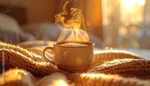 Extreme close-up of a hot Americano cup with thick rising steam, placed on a cozy knitted texture background with golden hour backlight, representing winter comfort and relaxation