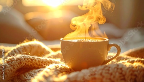 Extreme close-up of a hot Americano cup with thick rising steam, placed on a cozy knitted texture background with golden hour backlight, representing winter comfort and relaxation