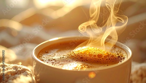Extreme close-up of a hot Americano cup with thick rising steam, placed on a cozy knitted texture background with golden hour backlight, representing winter comfort and relaxation