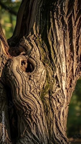 Intricate patterns and textures on the bark of an old tree.