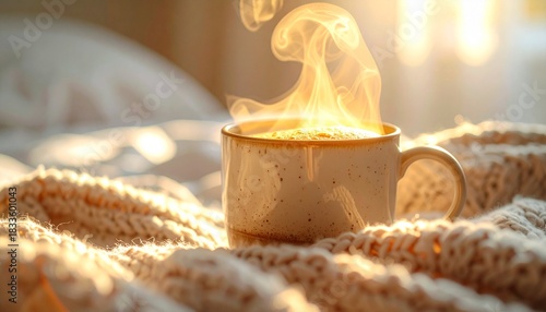 Extreme close-up of a hot Americano cup with thick rising steam, placed on a cozy knitted texture background with golden hour backlight, representing winter comfort and relaxation