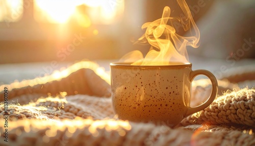 Extreme close-up of a hot Americano cup with thick rising steam, placed on a cozy knitted texture background with golden hour backlight, representing winter comfort and relaxation