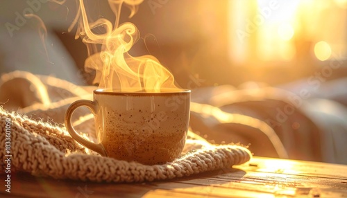 Extreme close-up of a hot Americano cup with thick rising steam, placed on a cozy knitted texture background with golden hour backlight, representing winter comfort and relaxation