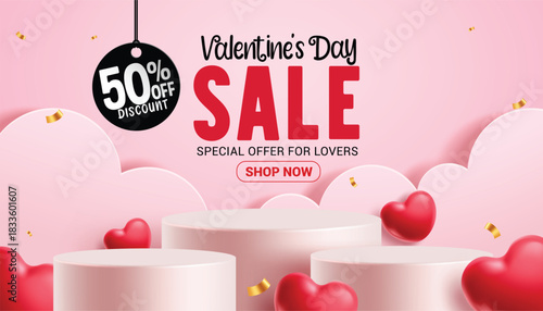 Valentine's day sale podium clipart banner design. Valentine's day sale special offer for lovers clip art with shopping discount promotion advertisement template in pink background vector illustration