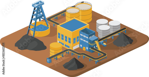 Isometric illustration of mining industry facility with processing plant, storage tanks, conveyor belts, coal piles, industrial equipment and extraction site layout