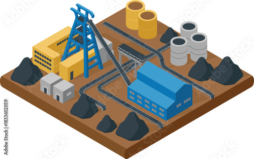 Isometric illustration of mining industry facility with processing plant, storage tanks, conveyor belts, coal piles, industrial equipment and extraction site layout