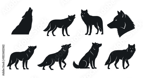 Collection of Black Wolf Silhouettes in Various Poses.