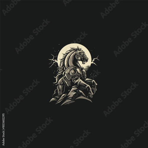 A majestic, regal war horse rears powerfully on its hind legs atop a rugged rock formation, captured in a monochrome, vintage style against a large, striking full moon backdrop