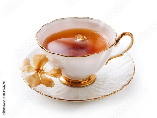 Earl Grey tea in elegant teacup on white background, with clear top margin for text or logo.