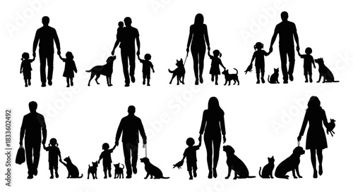 Silhouettes of families walking with pets and children.