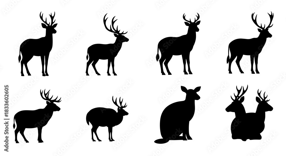 Fototapeta premium Collection of Deer and Rabbit Silhouettes in Various Poses.