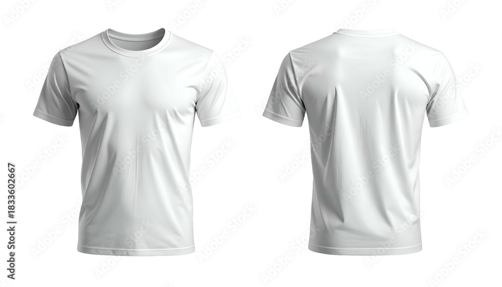 Fototapeta premium Front and back views of a plain white short-sleeved round-neck tee shirt