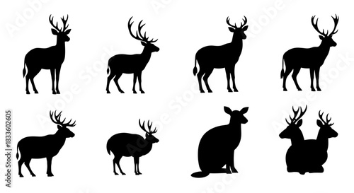 Collection of Deer and Rabbit Silhouettes in Various Poses.
