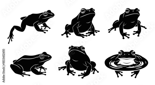 Collection of Six Black Frog Silhouettes in Various Poses.