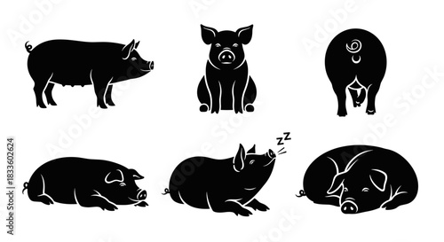Collection of Black Pig Silhouettes in Various Poses.