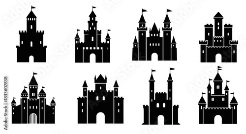 Collection of eight black silhouette medieval castles and fortresses isolated on white background.