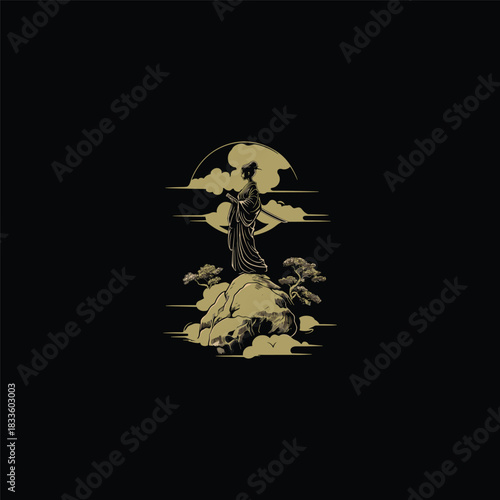 Elegant vector illustration of a traditional Japanese geisha or female samurai warrior standing on a mountain peak or rock formation, surrounded by clouds and ancient trees bonsai