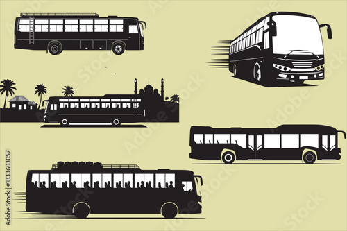 Silhouette illustrations of various buses and a distant cityscape backdrop