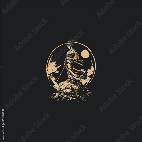 vector illustration featuring a powerful female figure, possibly a samurai or warrior, holding a katana sword while standing atop a rugged rock formation