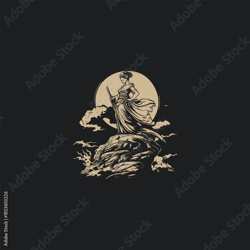 vector illustration featuring a powerful female figure, possibly a samurai or warrior, holding a katana sword while standing atop a rugged rock formation