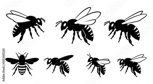 Collection of Six Black Silhouette Bees in Various Poses.