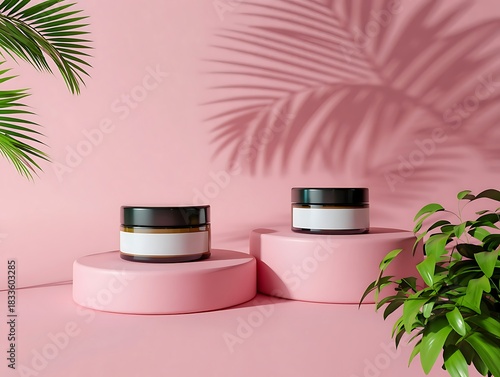 Pink Cosmetic Jars on Round Podiums with Tropical Leaves  