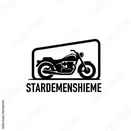 Black and white logo design featuring a cruiser motorcycle inside a frame vector template design
