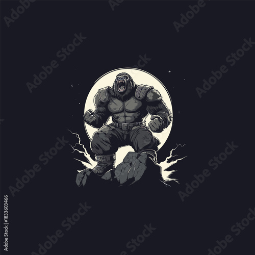 Aggressive vector illustration of a powerful gorilla or ape warrior wearing tactical armor and standing on a rocky terrain under a full moon