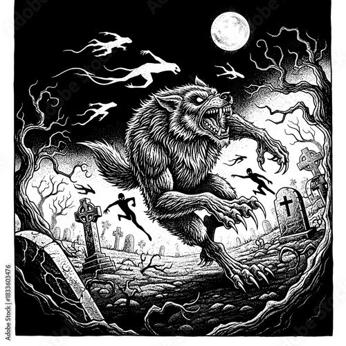 Fierce Werewolf Attacking in a Spooky Graveyard.