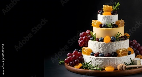 Creative cheese tower featuring layered cheese varieties on a wooden board.