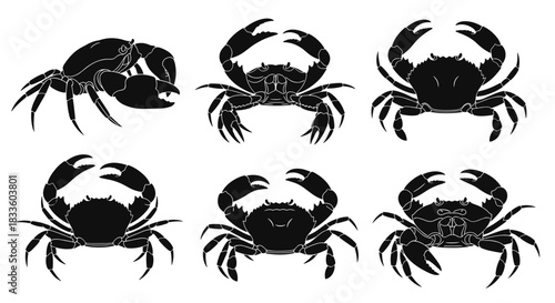 Collection of Six Black Crab Silhouettes Facing Different Directions.