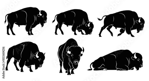 Collection of Six Silhouette Bison Poses in Black and White.
