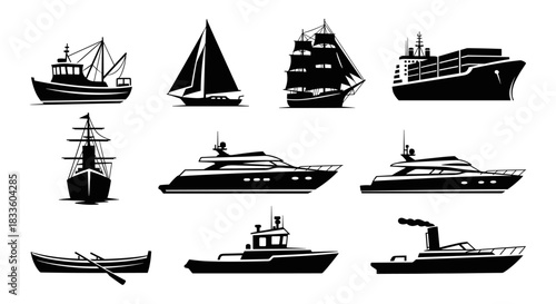 Collection of Diverse Nautical Vessels and Boats Silhouetted Against a White Background.