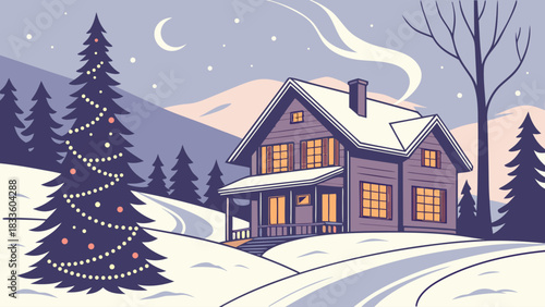 Winter scene with snow covered house christmas tree and moonlit sky in a stylized illustration