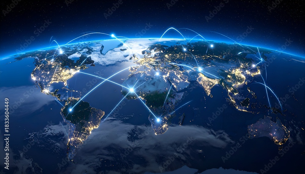 Fototapeta premium Global view with illuminated connections spanning continents, showcasing global data transfer