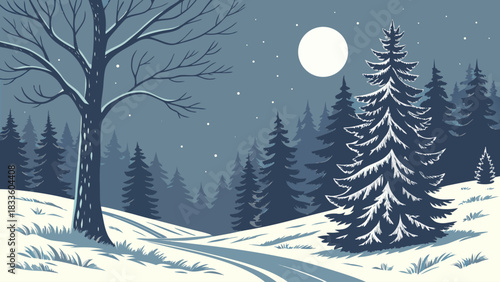 A winter landscape with snowy trees under a full moon on a cold night in a forest scene drawing