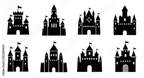 Collection of Eight Black Castle Silhouettes on White Background.