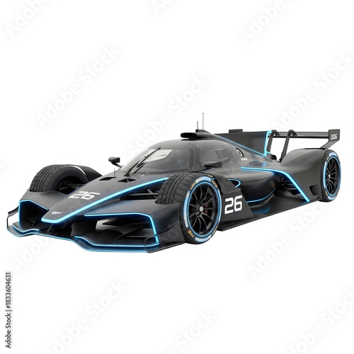 Sleek black and blue racing car isolated on transparent background