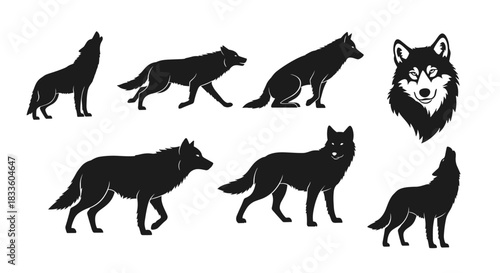 Collection of Black Wolf Silhouettes in Various Poses and a Wolf Head Illustration.
