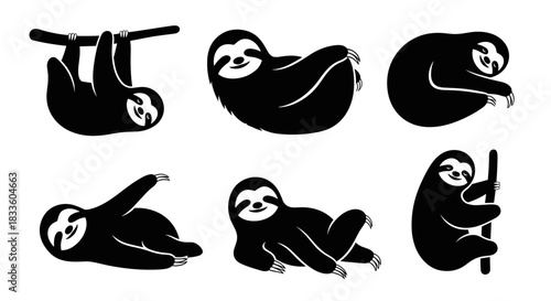 Set of six black silhouette illustrations of sloths in various poses.