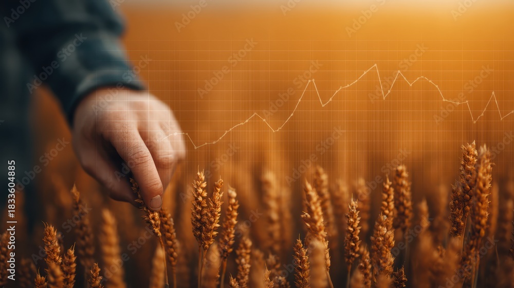 Fototapeta premium A hand inspects golden wheat stalks in a field, with a digital graph overlay symbolizing agricultural analytics and growth.