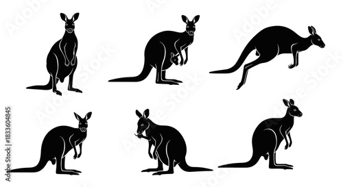 Collection of Six Black Kangaroo Silhouettes in Various Poses.
