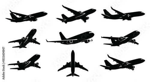 Collection of Airplane Silhouettes in Various Flight Positions.
